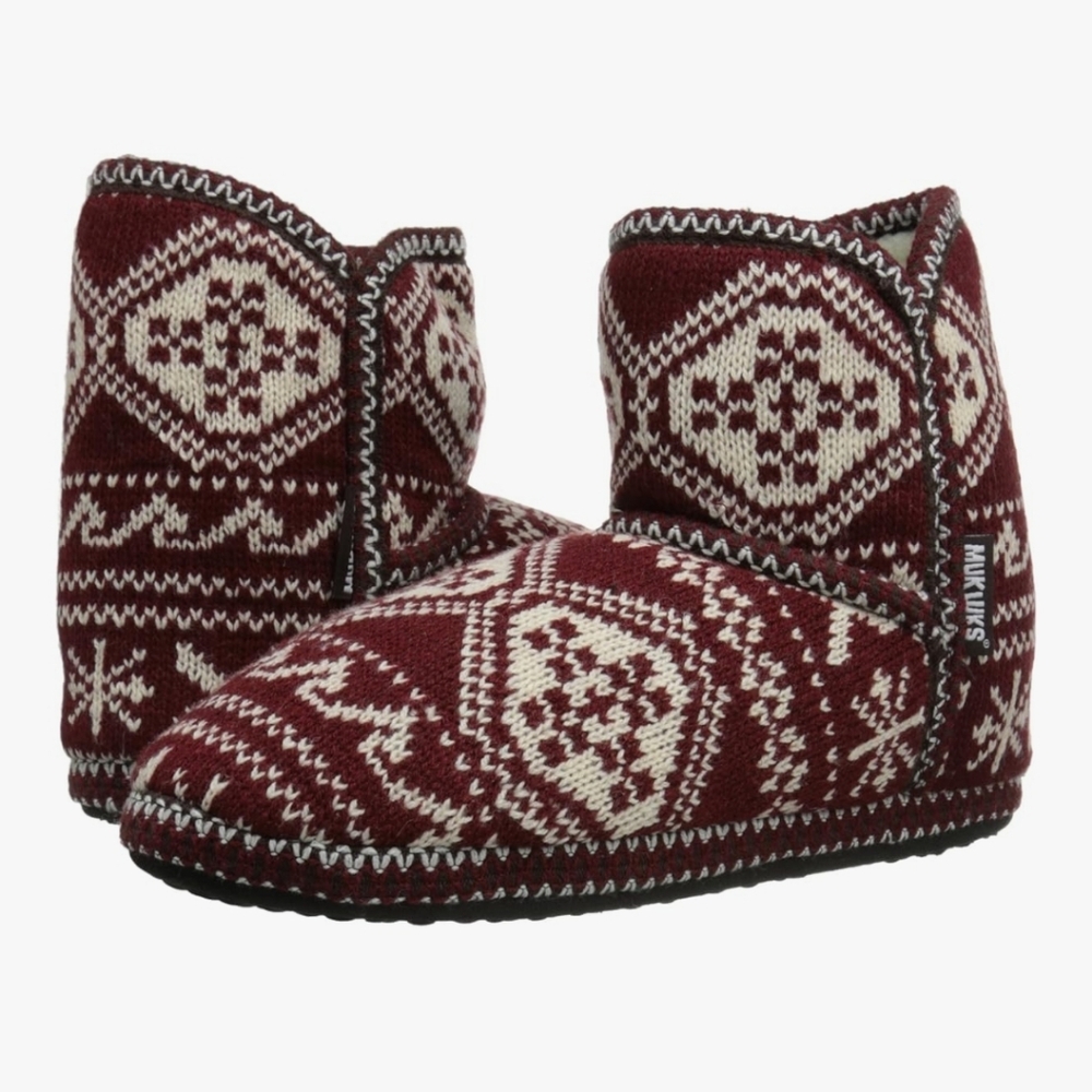 Muk Luks Red/Maroon and Cream Knit Fairisle Slippers Booties Boot